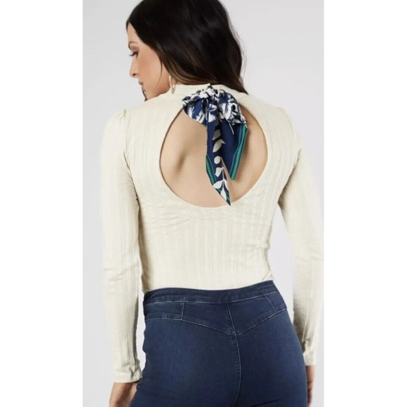 Free People Party in the Back Top Mock Neck Open Back Scarf Cream blue - Picture 1 of 16
